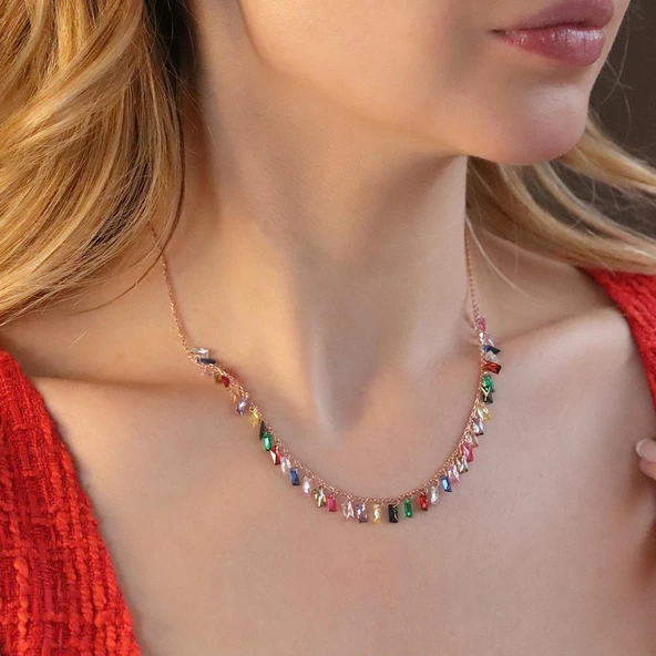 Renkli Zirkon Taşlı Rose Gold Kaplama Gümüş Trend Kolye - Resim 2