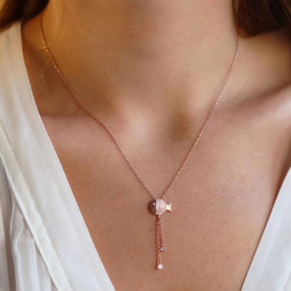 Zirkon Taşlı Sallantılı Balık Rose Gold Kaplama Gümüş Kolye - Resim 3