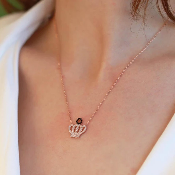 Kral Tacı Zirkon Taşlı Gold Kaplama Gümüş Kolye - Resim 3