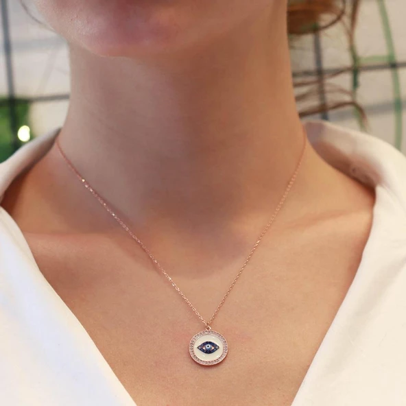 Göz Model Zirkon Taş Çerçeveli Rose Gold Kaplama Gümüş Kolye - Resim 3