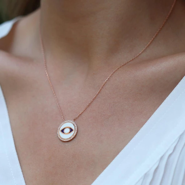 Zirkon Taşlı Mine İşli Göz Modeli Rose Gold Kaplama Gümüş Kolye - Resim 2