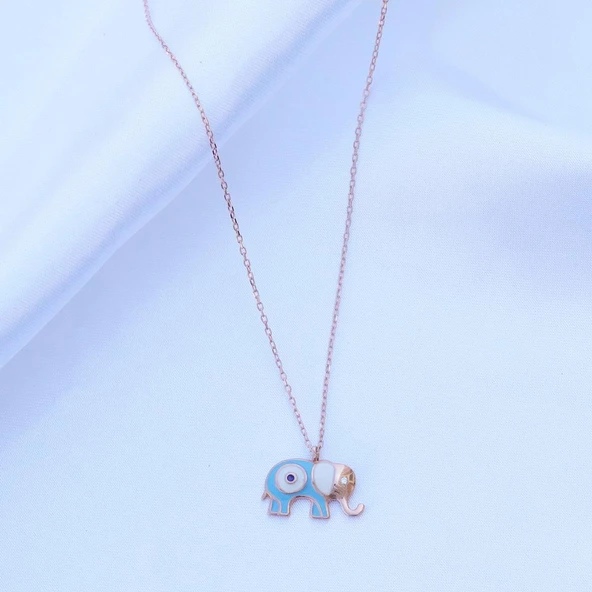 Açık Mavi Mine İşli Rose Gold Kaplama Bereket Fili Gümüş Kolye - Resim 2