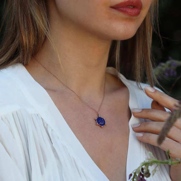 Çift Taraflı Mine İşli Allah Yazılı Rose Gold Kaplama Gümüş Kolye - Resim 2