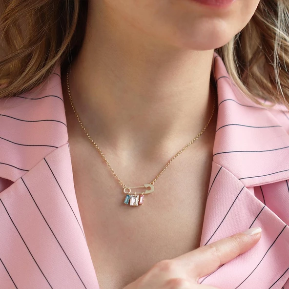 Swarovski Taşlı Çengelli İğne Modeli Gold Kaplama Gümüş Kolye ürün görseli 1