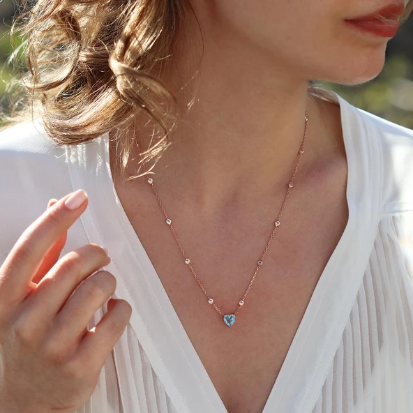Aquamarin Taşlı Rose Gold Kaplama Sevgili Kalp Gümüş Kolye ürün görseli 1