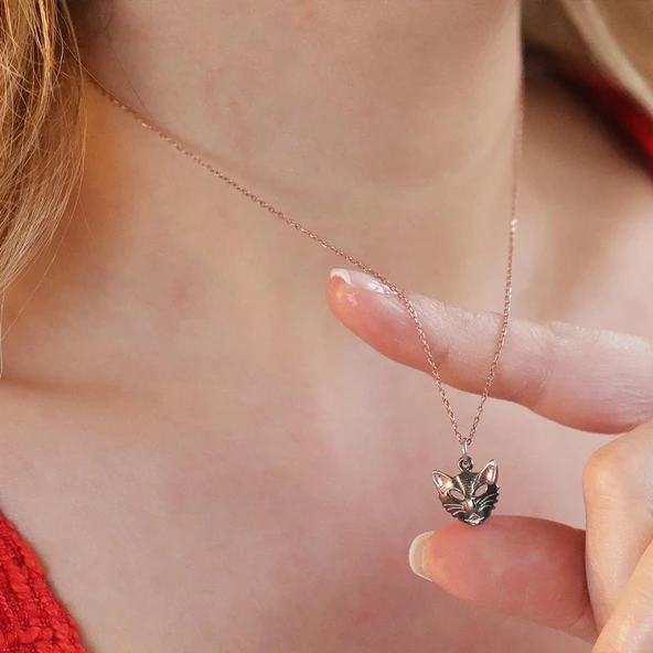 Kedi Maske Rose Gold Kaplama Gümüş Kolye - 2