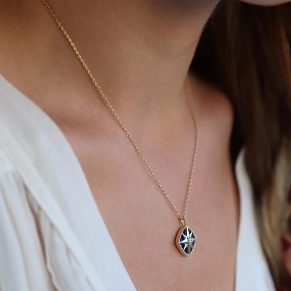 Mavi Mine İşli Gold Kaplama Kutup Yıldızı Gümüş Kolye - Resim 2