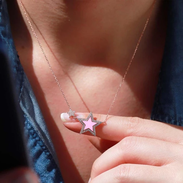Pembe Yıldız Zirkon Taşlı Rose Gold Kaplama Mine İşli Gümüş Kolye - Resim 2