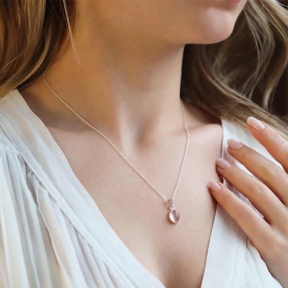 Pembe Kuvars Doğal Taş Gümüş Kolye ürün görseli 1