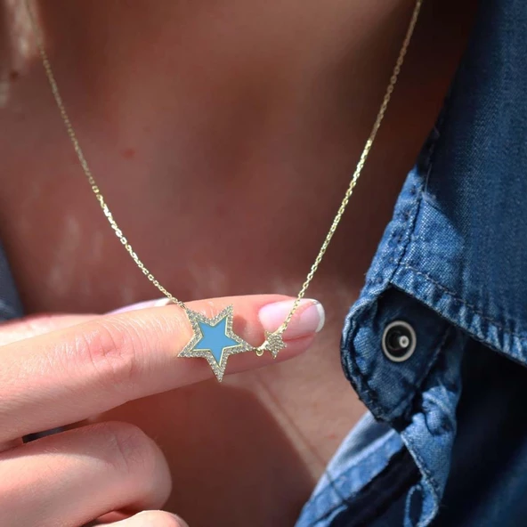 Mavi Yıldız Zirkon Taşlı Gold Kaplama Mine İşli Gümüş Kolye - Resim 2