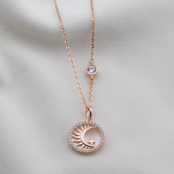 Sedef Taşlı Ay Yıldız Figürlü Rose Gold Kaplama Gümüş Kolye - Resim 3