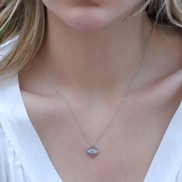 Yuvarlak Göz Modeli Zirkon Taşlı Gümüş Kolye - Resim 4