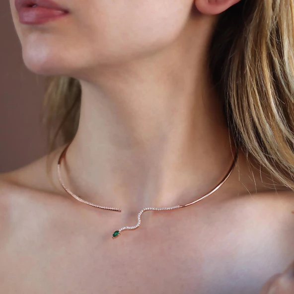 Yeşil Zirkon Taşlı Rose Gold Kaplama Serpent Choker Gümüş Kolye - 3