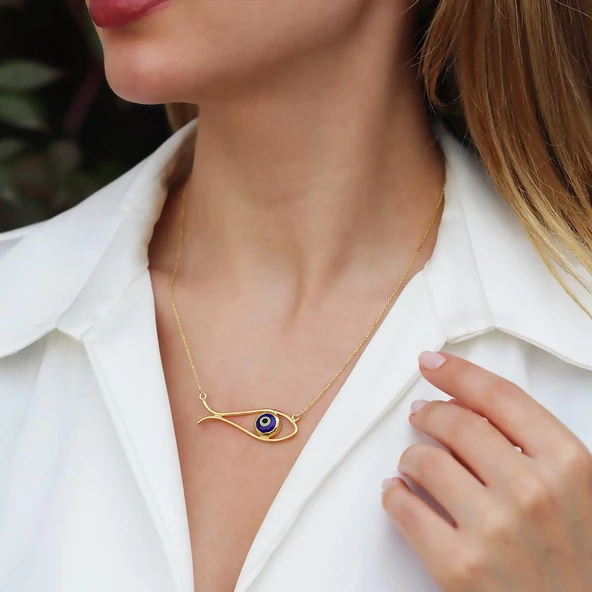 Balık Modeli Mineli Gold Kaplama Gümüş Kolye - Resim 3