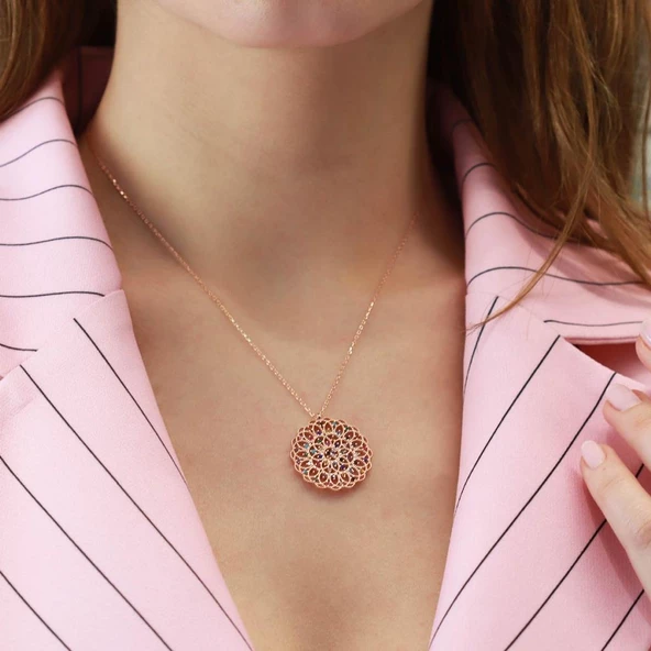 Yaşam Çiçeği Renkli Zirkon Taşlı Rose Gold Kaplama Gümüş Kolye ürün görseli 1