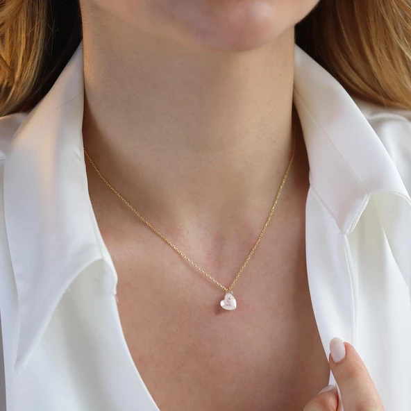 Mini Kalpli Kuvars Taşlı Gold Kaplama Gümüş Kolye - Resim 4