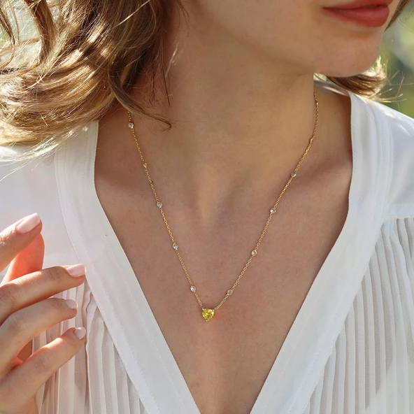 Sitrin Taşlı Gold Kaplama Sevgili Kalp Gümüş Kolye ürün görseli 1