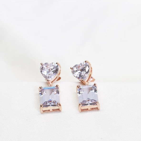 Kalpli Zirkon Taşlı Emerald Kesim Rose Gold Kaplama Gümüş Küpe - Resim 2