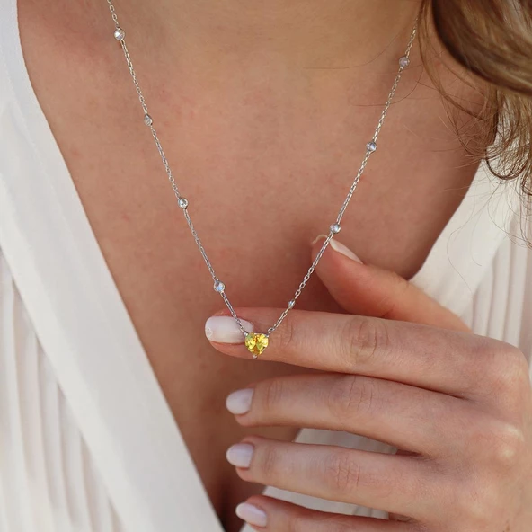 Sitrin Taşlı Sevgili Kalp Gümüş Kolye - Resim 3