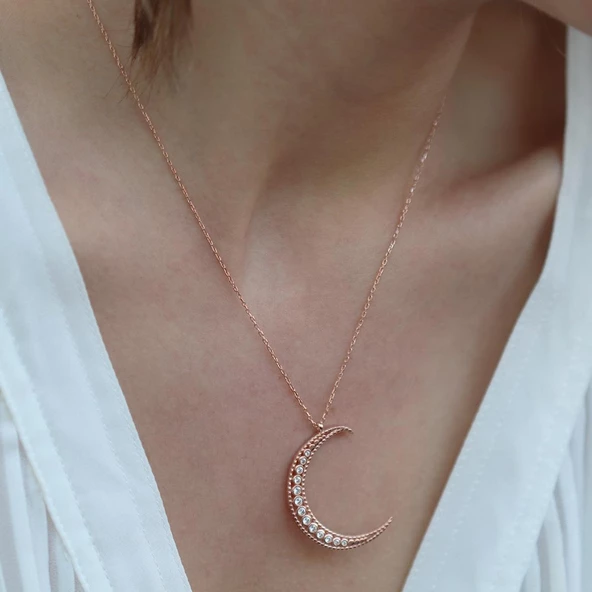 Zirkon Taşlı Rose Gold Kaplama Ay Gümüş Kolye - Resim 3