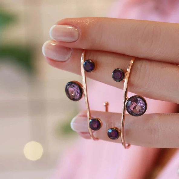 Ametist Taşlı Dal Model Rose Gold Kaplama Gümüş Küpe - Resim 2