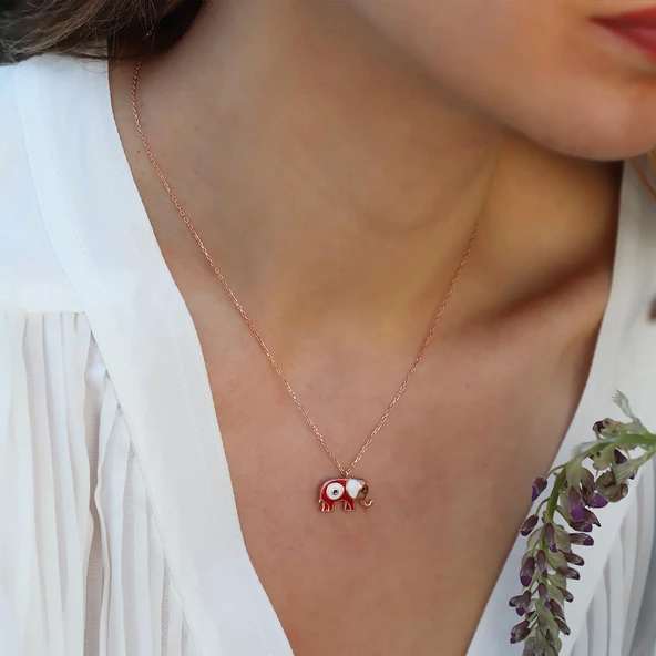 Kırmızı Mine İşli Rose Gold Kaplama Bereket Fili Gümüş Kolye - Resim 4