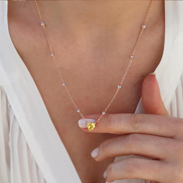 Sitrin Taşlı Rose Gold Kaplama Sevgili Kalp Gümüş Kolye - Resim 3