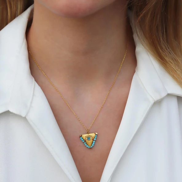 Turkuaz Taşlı Gold Kaplama Tılsım Kolye - Resim 3