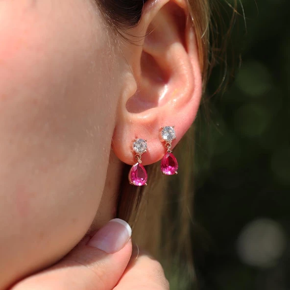 Pembe Zirkon Taşlı Damla Rose Gold Kaplama Gümüş Küpe - Resim 5