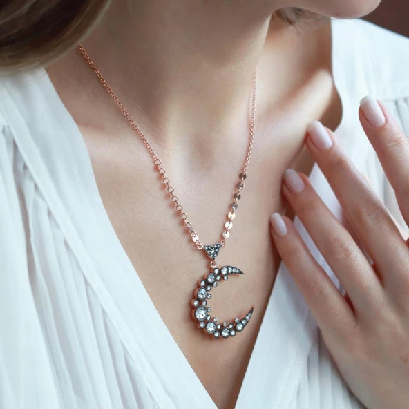 Elmas Montür Hilal Rose Gold Kaplama Gümüş Kolye - Resim 3