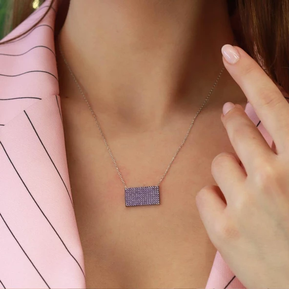 Mor Zirkon Taşlı Dikdörtgen Gümüş Kolye - Resim 3