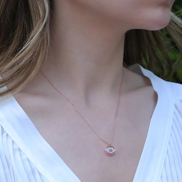 Yuvarlak Göz Modeli Zirkon Taşlı Rose Gold Kaplama Gümüş Kolye ürün görseli 1