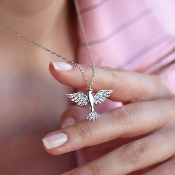 Anka Kuşlu Zirkon Taşlı Gümüş Kolye - Resim 2