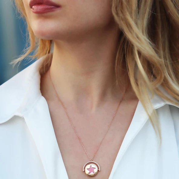 Yıldızlı Çift Taraflı Rose Gold Kaplama Gümüş Kolye ürün görseli 1
