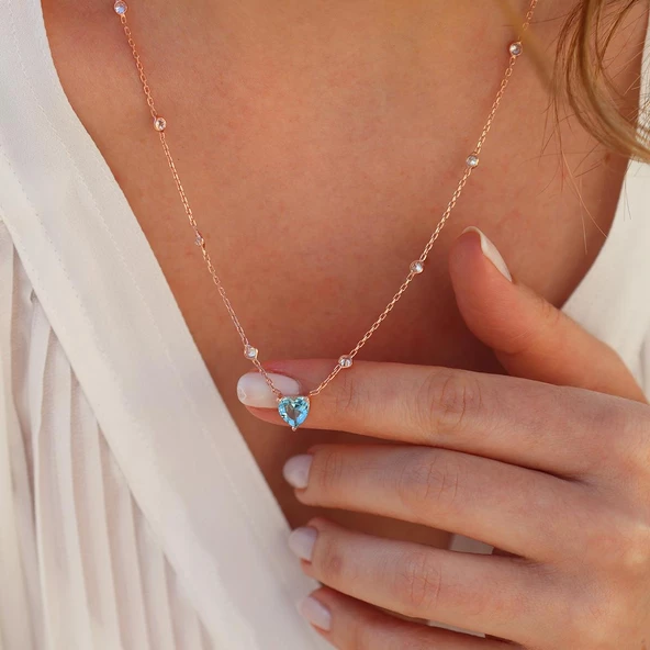 Aquamarin Taşlı Rose Gold Kaplama Sevgili Kalp Gümüş Kolye - Resim 3