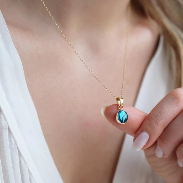 Labradorit Doğal  Taş Gold Kaplama Gümüş Kolye - Resim 5