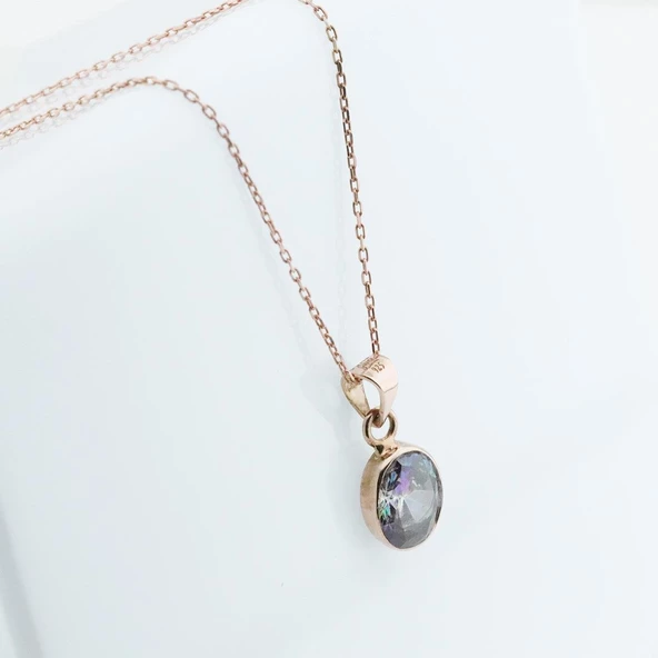 Doğal Mistik Topaz Taş Rose Gold Kaplama Gümüş Kolye - Resim 5