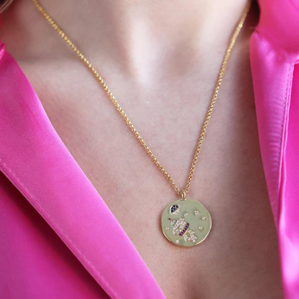 Gezegen ve Astronot Apm Modeli Gold Kaplama Gümüş Kolye - Resim 2