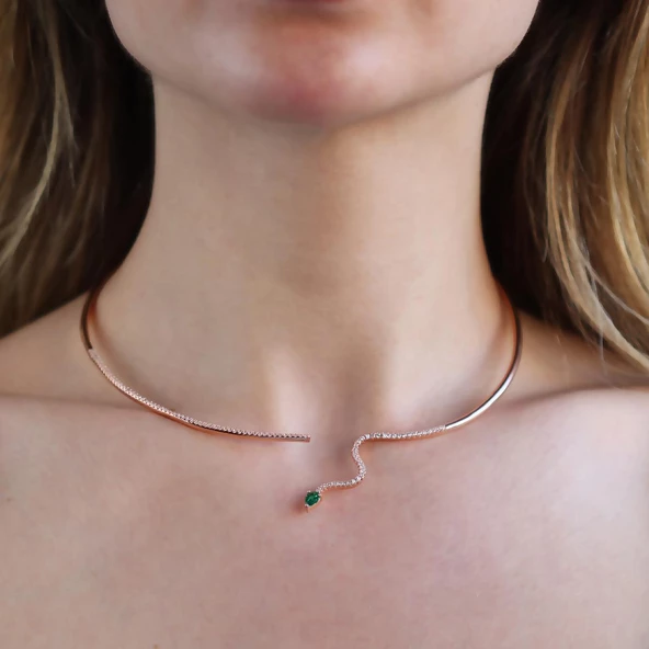 Yeşil Zirkon Taşlı Rose Gold Kaplama Serpent Choker Gümüş Kolye - 2