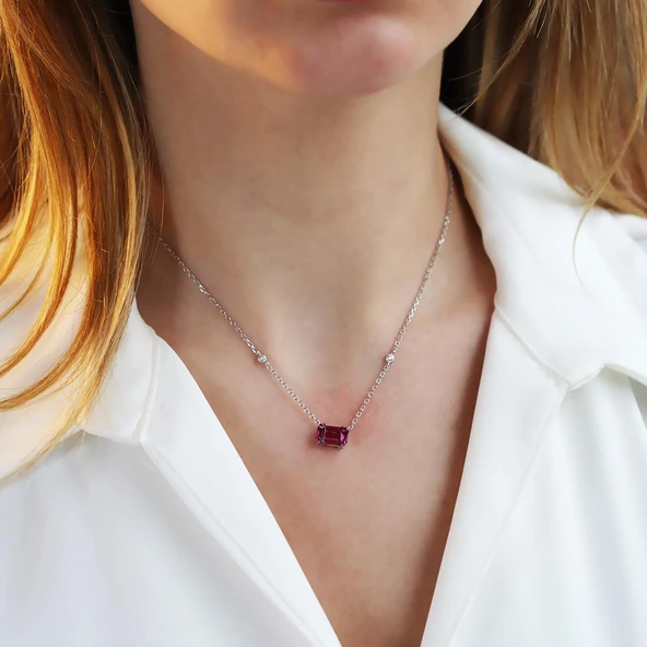 Baget Kesimli Pembe Gümüş Kolye - Resim 4