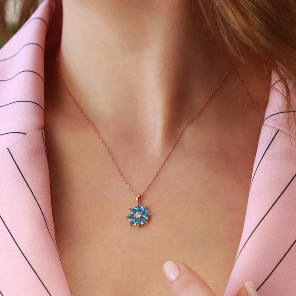 Mavi Zirkon Mini Kamelya Çiçeği Rose Gold Kaplama Gümüş Kolye - Resim 2