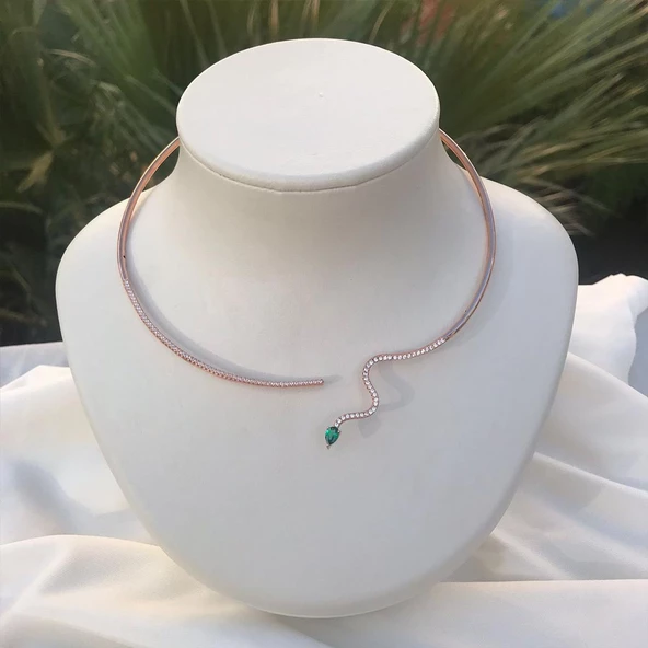 Yeşil Zirkon Taşlı Rose Gold Kaplama Serpent Choker Gümüş Kolye - 4