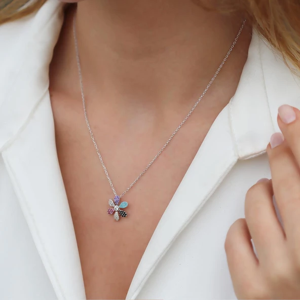 Renkli Zirkon Taşlı Çiçek Gümüş Kolye - Resim 4