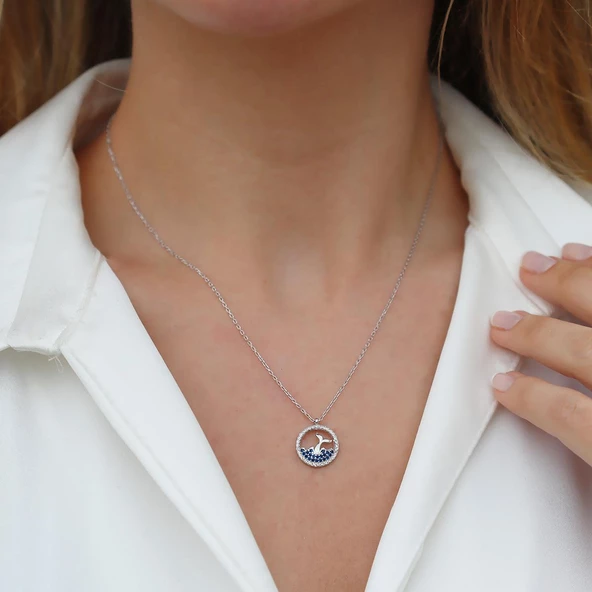 Zirkon Taş Çerçeveli Kuyruklu Gümüş Kolye ürün görseli 1