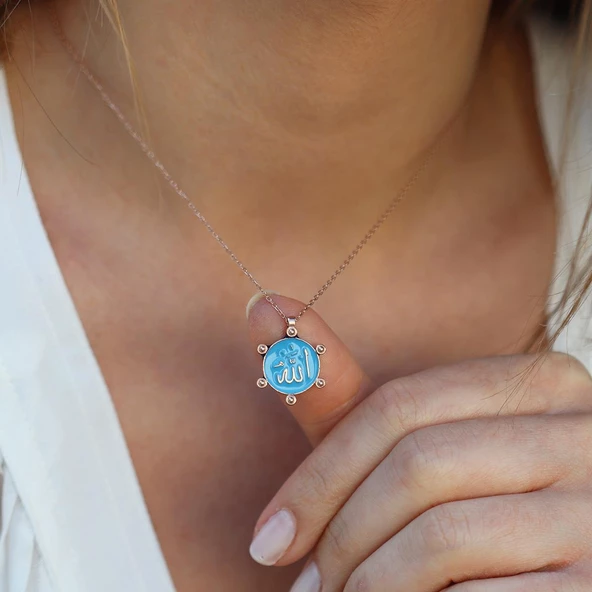 Çift Taraflı Mine İşli Allah Yazılı Rose Gold Kaplama Gümüş Kolye - Resim 3