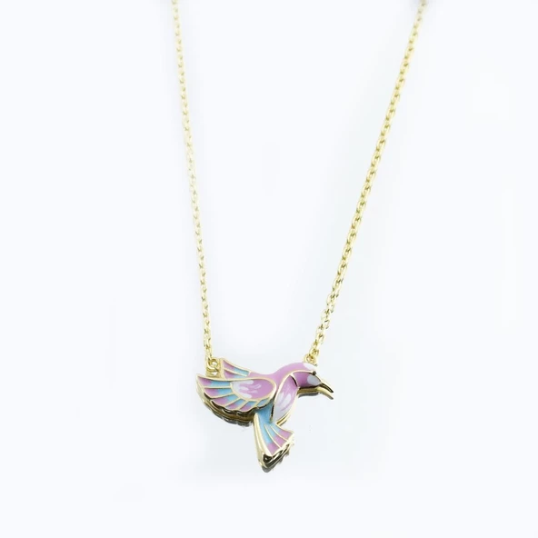 Totem Kuşu Renkli Mine İşli Gold Kaplama Gümüş Kolye - Resim 2