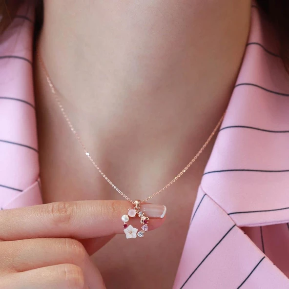 İnci ve Çiçek Motifli Rose Gold Kaplama Gümüş Kolye - Resim 2