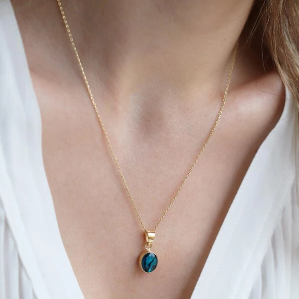 Labradorit Doğal  Taş Gold Kaplama Gümüş Kolye - Resim 4