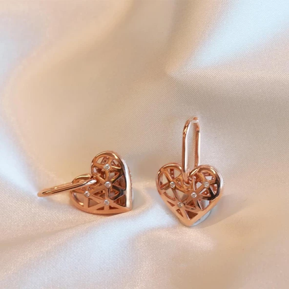 Kalp Tasarım Zirkon Taşlı Rose Gold Kaplama Gümüş Küpe - Resim 3