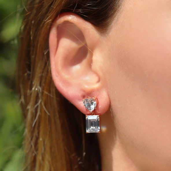 Kalpli Zirkon Taşlı Emerald Kesim Rose Gold Kaplama Gümüş Küpe ürün görseli 1